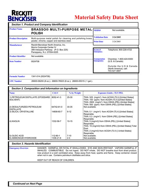 Brasso wadding safety data sheet